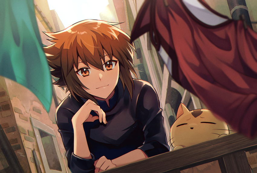 1boy animal brown_eyes brown_hair building cat closed_mouth dated duplicate eyebrows_visible_through_hair fingernails hair_between_eyes leaning leaning_forward light_brown_hair light_particles light_rays mikami_(mkm0v0) outdoors signature smile wind yu-gi-oh! yu-gi-oh!_gx yuuki_juudai
