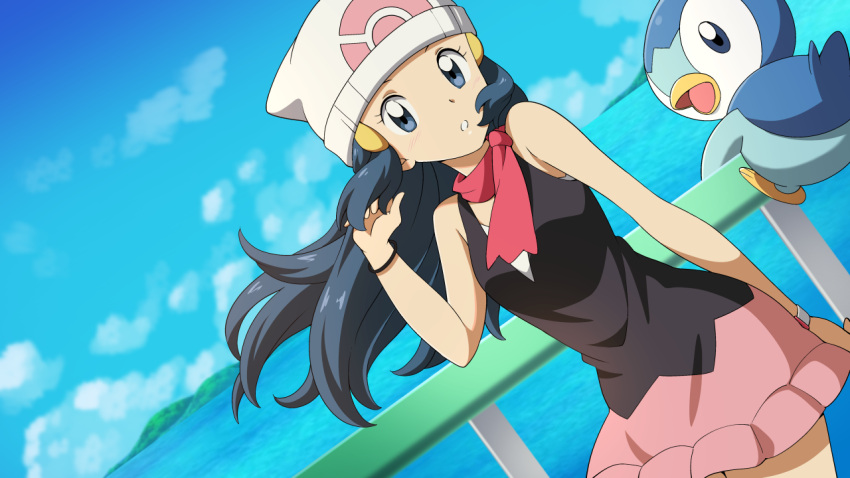 1girl beanie black_hair clouds commentary_request hikari_(pokemon) day dutch_angle eyelashes floating_hair gen_4_pokemon hair_ornament hairclip hand_up hat long_hair looking_at_viewer pink_neckwear piplup pokemon pokemon_(anime) pokemon_(creature) pokemon_dppt_(anime) railing scarf sky starter_pokemon suitenan water white_headwear