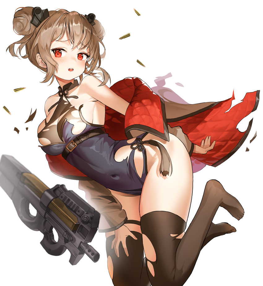 1girl :o absurdres bangs bare_shoulders belt black_legwear blush breasts brown_hair bullet bullpup commentary_request cosplay covered_navel double_bun full_body furrowed_eyebrows girls_frontline gun hair_ornament hand_on_thigh highres huge_filesize hyoin legs_up leotard lwmmg_(girls_frontline) lwmmg_(girls_frontline)_(cosplay) medium_breasts off_shoulder p90 p90_(girls_frontline) red_eyes shell_casing short_hair simple_background skindentation solo submachine_gun thigh-highs torn_clothes torn_jacket torn_legwear weapon white_background