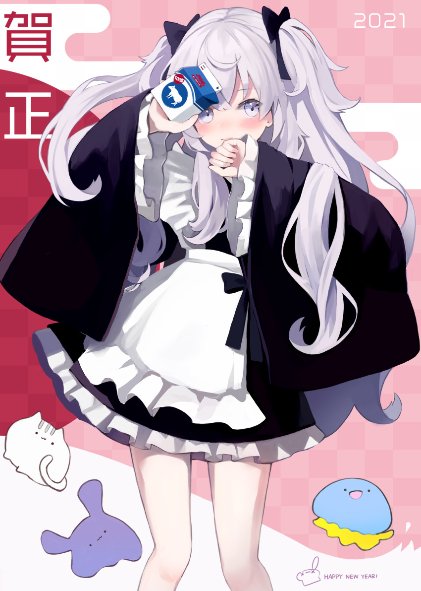 1girl 2021 black_bow blue_eyes bow dress grey_hair highres indie_virtual_youtuber milk milk_carton new_year retorillo shanoa_(vtuber) silver_hair two_side_up virtual_youtuber