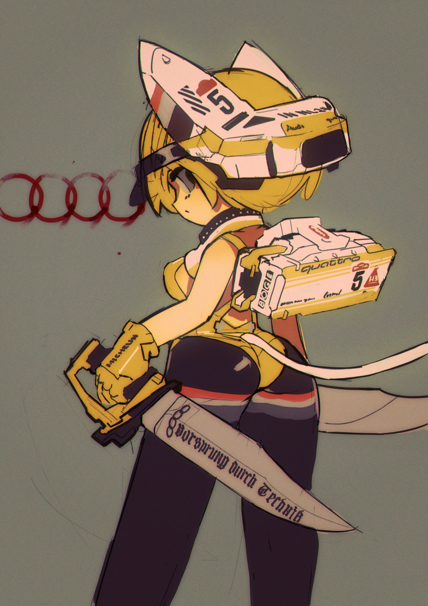 1girl ass audi audi_quattro blonde_hair breasts dagger dual_wielding from_behind german_text grey_eyes highres holding holding_dagger holding_weapon horns looking_back mecha_musume medium_breasts original personification rikona short_hair solo weapon wire