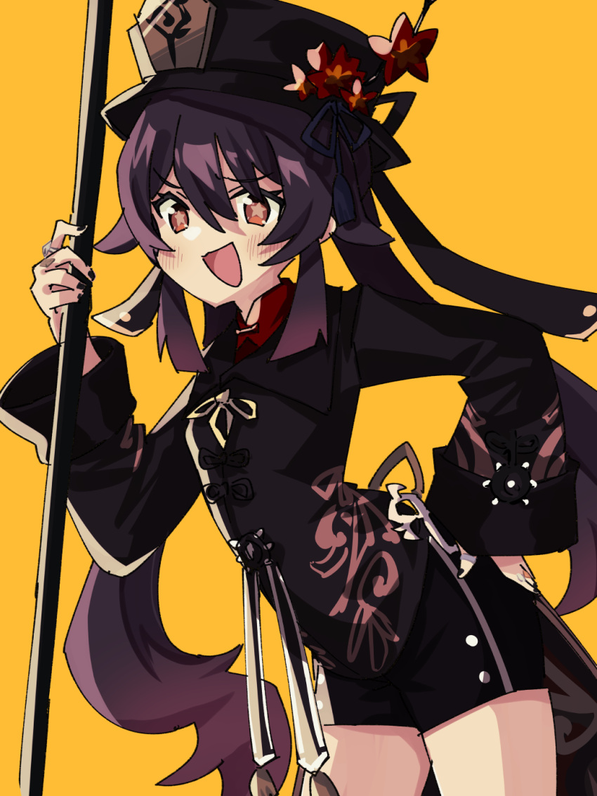 1girl :d black_dress black_headwear black_shorts blush brown_hair cowboy_shot dress flower genshin_impact hand_on_hip highres holding holding_weapon hu_tao long_sleeves open_mouth polearm red_eyes shigatsu_shizuki short_shorts shorts simple_background smile solo tailcoat twintails weapon yellow_background