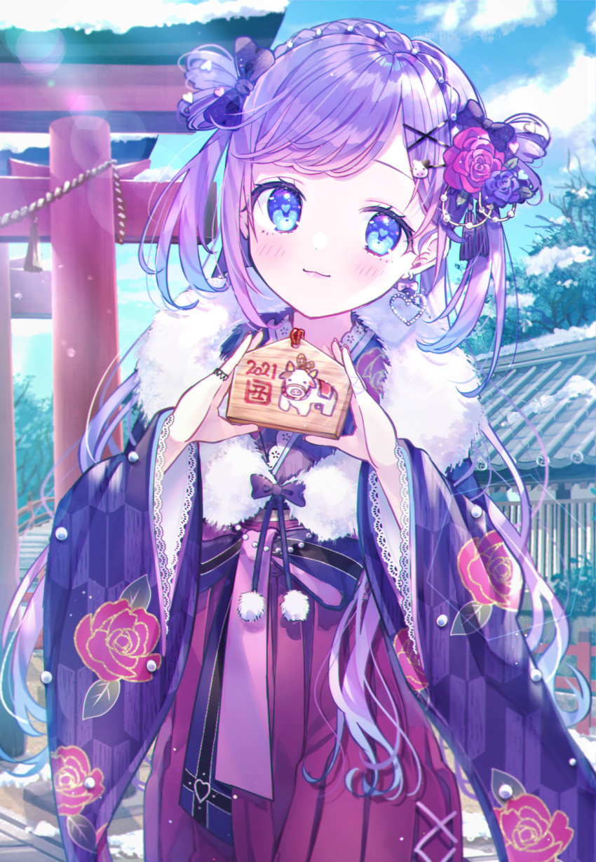 1girl 2021 blue_eyes blue_flower blue_hair chinese_zodiac cow earrings flower gradient_hair hair_behind_ear hair_flower hair_ornament heart heart_earrings highres indie_virtual_youtuber japanese_clothes jewelry kappe_reeka kimono light_blush long_hair looking_at_viewer multicolored_hair red_flower red_rose rose smile solo tied_hair two_side_up very_long_hair virtual_youtuber wide_sleeves year_of_the_ox yukata yumeri_mery