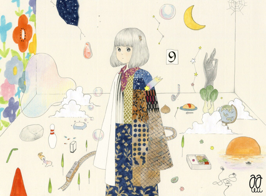 1girl awai880 bangs blunt_bangs boat bowling_pin bubble clouds constellation crescent_moon food globe grey_hair ground_vehicle moon omurice original plate shooting_star short_hair signature silk solo spider_web spoon surreal train tree vegetable watercraft