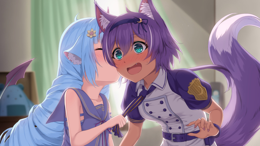 2girls animal_ears blue_eyes blue_hair blush breasts cheek_kiss collarbone crescent crescent_hair_ornament delmin_(show_by_rock!!) drill_hair eyebrows_visible_through_hair fang flower fox_ears fox_girl fox_tail hair_flower hair_ornament hairband highres indoors kiss long_hair multiple_girls necktie necktie_grab neckwear_grab nuenue open_mouth purple_hair ruhuyu_(show_by_rock!!) short_hair show_by_rock!! sleeveless small_breasts smile sweat tail yuri