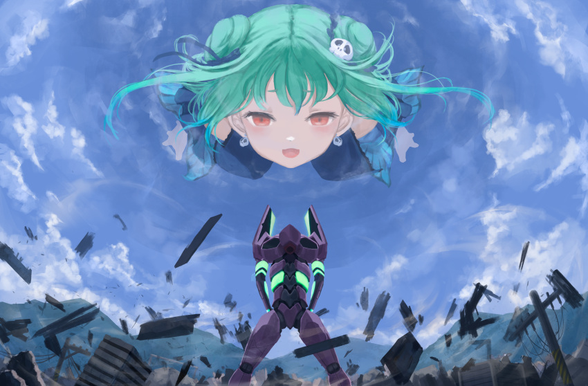 1girl absurdres blue_dress brown_eyes clouds crossover double_bun dress eva_01 floating floating_hair giant giantess green_hair highres hololive huge_filesize laing looking_down mecha neon_genesis_evangelion open_mouth rubble science_fiction short_hair sky uruha_rushia virtual_youtuber