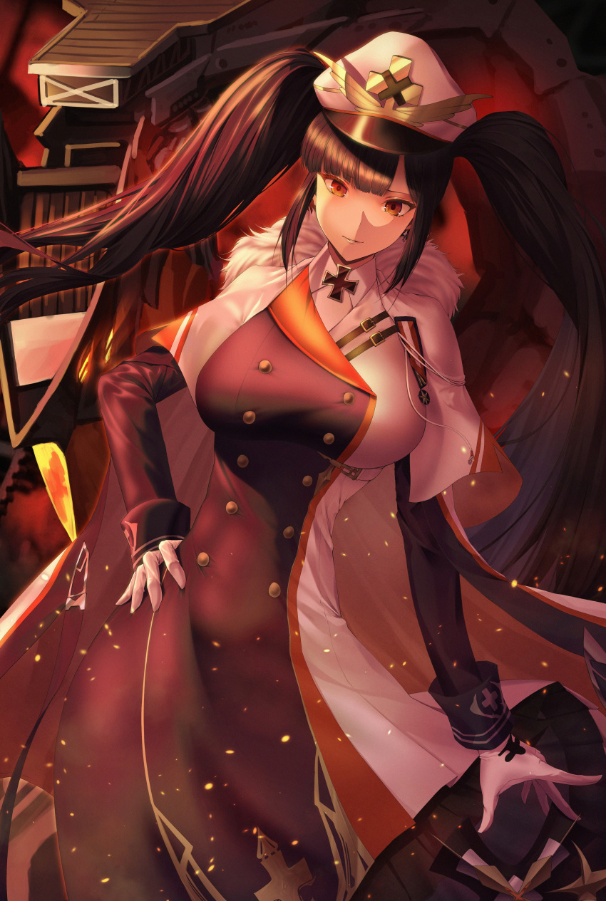 1girl absurdres azur_lane black_coat black_hair breasts cape capelet coat double-breasted fur-trimmed_cape fur_trim gloves hat highres large_breasts looking_at_viewer multicolored_coat myuryuneko peaked_cap peter_strasser_(azur_lane) red_eyes rigging solo twintails white_coat white_gloves white_headwear