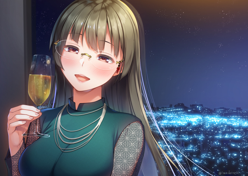 1girl alcohol alternate_costume bangs black_hair blush breasts brown_eyes building choukai_(kantai_collection) city city_lights cityscape cup drinking_glass glasses holding holding_cup imachireki jewelry kantai_collection large_breasts lips long_hair long_sleeves necklace night open_mouth sky solo twitter_username upper_body window wine_glass