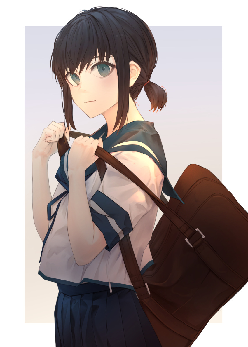 1girl bag black_eyes black_hair blue_sailor_collar blue_skirt border cowboy_shot fubuki_(kantai_collection) gradient gradient_background highres kantai_collection kumanoko low_ponytail pleated_skirt ponytail sailor_collar school_bag school_uniform serafuku short_hair short_ponytail sidelocks skirt solo white_border