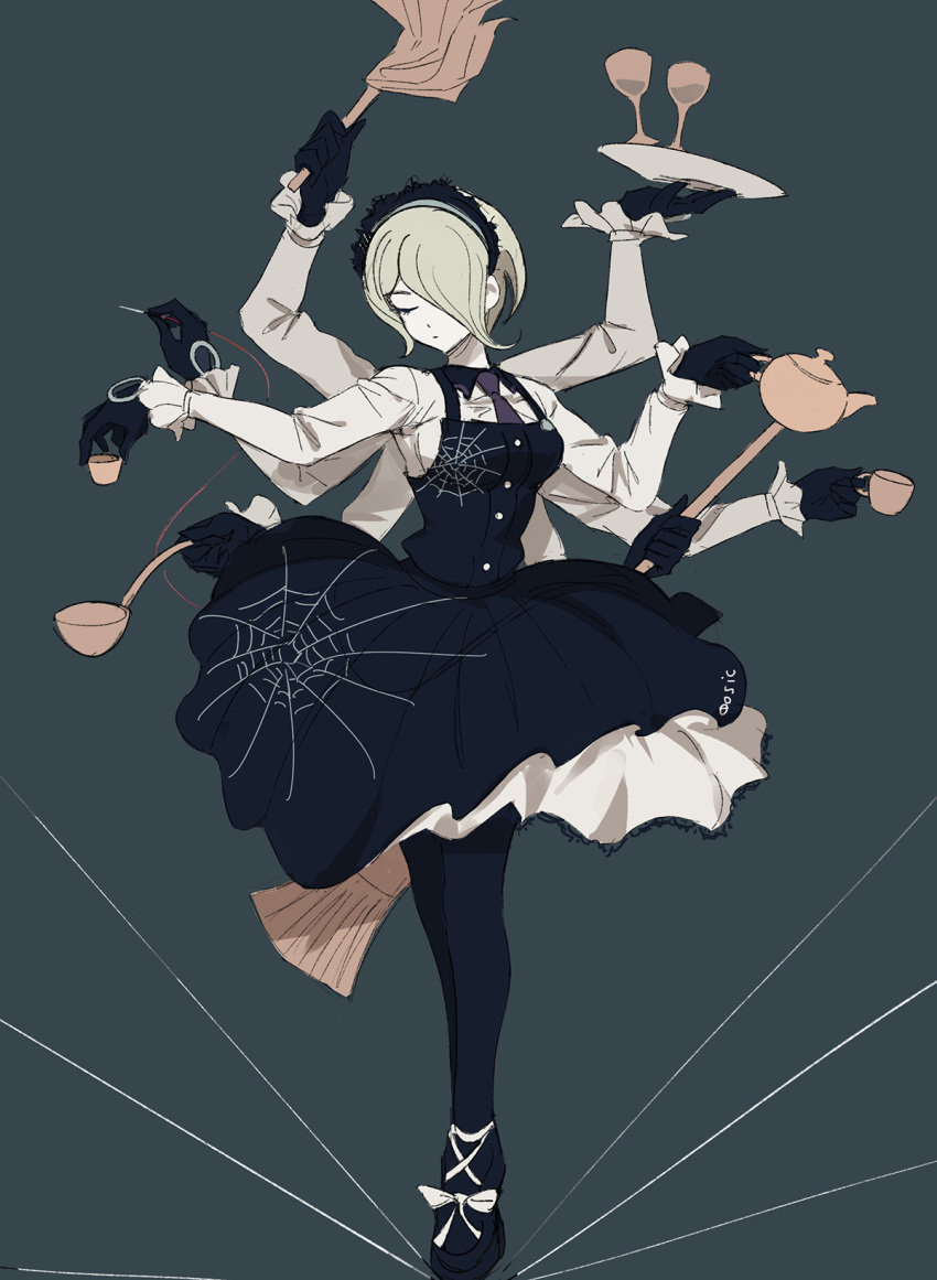 1girl arms_up black_dress black_footwear black_gloves black_legwear closed_mouth commentary crossed_legs cup dangan_ronpa_(series) dangan_ronpa_v3:_killing_harmony dress extra_arms facing_viewer fingerless_gloves full_body gloves hair_ornament hair_over_one_eye hands_up highres holding holding_cup holding_pot holding_tray long_sleeves maid_headdress necktie pantyhose pinafore_dress pot qosic shirt shoes short_hair simple_background solo toujou_kirumi tray watson_cross white_shirt