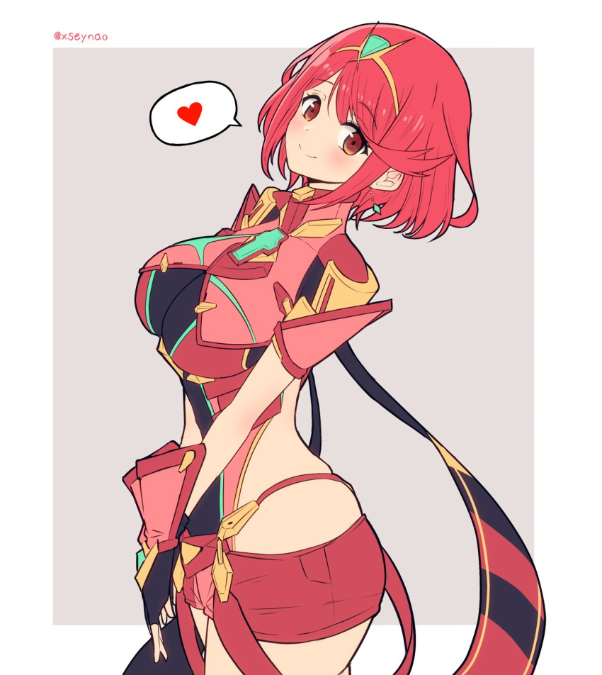 1girl breasts heart highres large_breasts mochimochi_(xseynao) pyra_(xenoblade) red_eyes redhead short_hair simple_background solo white_background xenoblade_chronicles_(series) xenoblade_chronicles_2