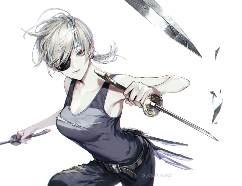 1girl bare_arms belt breasts chainsaw_man collarbone dual_wielding eyebrows_visible_through_hair eyepatch holding koshika_rina medium_breasts ponytail quanxi_(chainsaw_man) shirt short_hair short_ponytail silver_hair simple_background solo sword tank_top torn_clothes torn_legwear torn_shirt violet_eyes weapon white_background