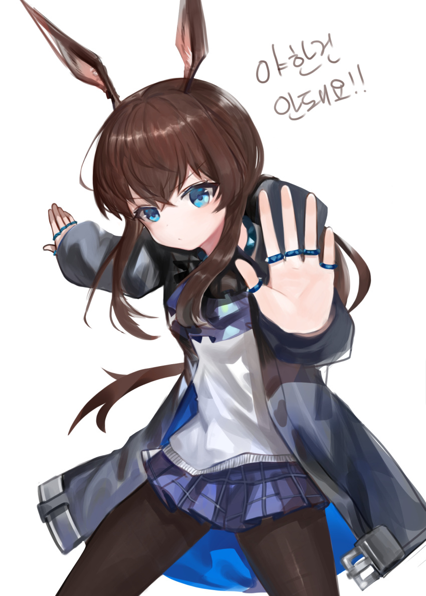1girl amiya_(arknights) animal_ears arknights ascot black_jacket black_legwear blue_eyes blue_neckwear blue_skirt brown_hair brown_legwear check_translation cowboy_shot dokomon hair_between_eyes hand_up highres hood hood_down hooded_jacket jacket jewelry korean_text long_hair looking_at_viewer open_hand outstretched_arms palms pantyhose plaid plaid_skirt pleated_skirt rabbit_ears ring shirt simple_background skirt solo standing television thumb_ring translation_request v-shaped_eyebrows white_background white_shirt