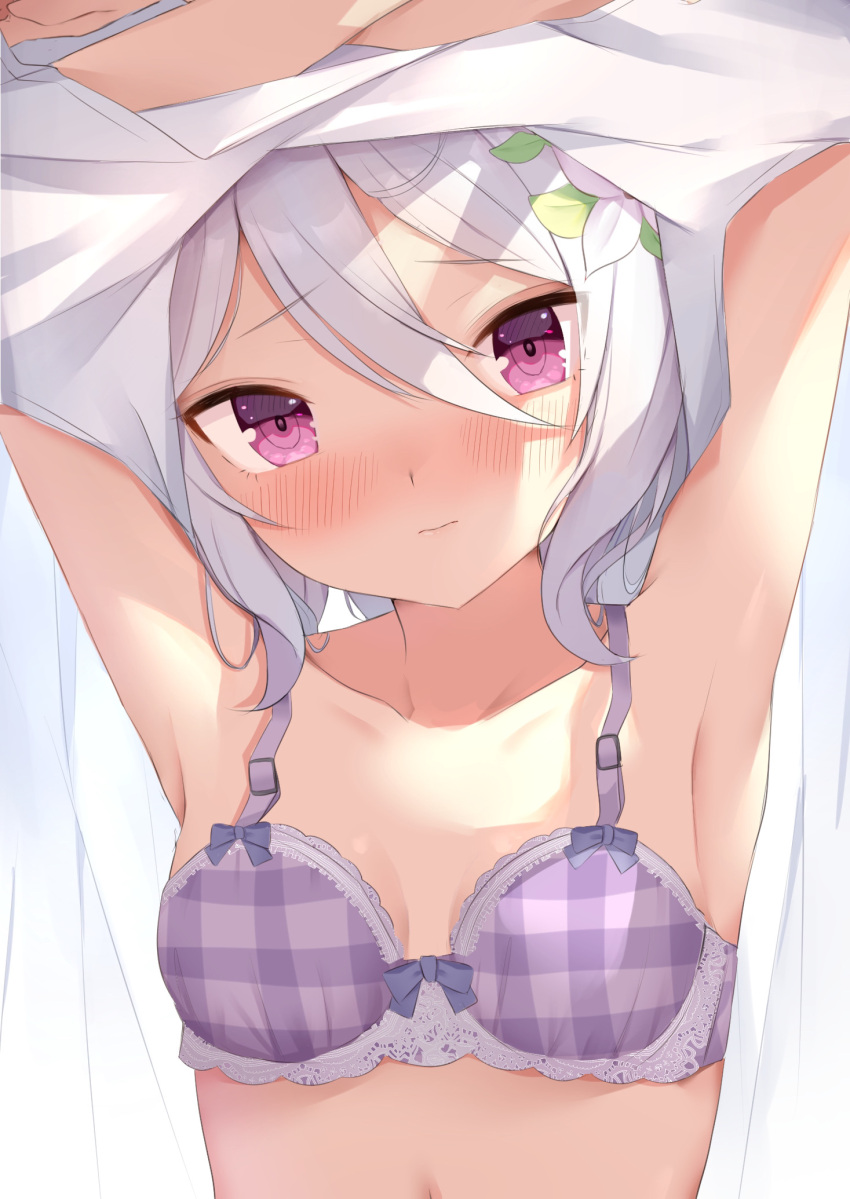1girl armpits arms_up bangs bare_shoulders blush bow bow_bra bra closed_mouth collarbone commentary_request eyebrows_visible_through_hair flower grey_hair hair_between_eyes hair_flower hair_ornament head_tilt highres kokkoro_(princess_connect!) looking_at_viewer navel plaid plaid_bra princess_connect! princess_connect!_re:dive purple_bra raru0310 solo underwear undressing violet_eyes wavy_mouth white_flower