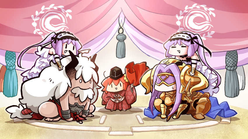 1boy 4girls armor armored_boots asterios_(fate/grand_order) belt blindfold boots bull chain chaldea_logo choker cloak curtains dress euryale eyebrows fate/grand_order fate_(series) frilled_choker frilled_dress frilled_hairband frilled_sleeves frills fujimaru_ritsuka_(female) gauntlets goddess hair_between_eyes hairband hat headdress horns japanese_clothes lolita_hairband long_hair multiple_girls ono-yuzi open_mouth orange_hair pauldrons pointing purple_cloak purple_hair ribbon-trimmed_hairband rider shirtless shoulder_armor siblings sisters smile squatting stheno sumo sweatdrop toes twins twintails very_long_hair white_dress white_hair