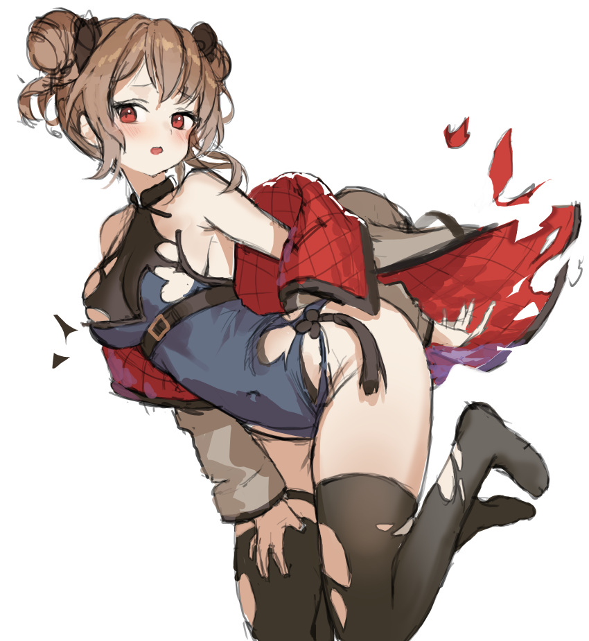 1girl :o absurdres bangs bare_shoulders belt black_legwear blush breasts brown_hair bullet bullpup commentary_request cosplay covered_navel double_bun full_body furrowed_eyebrows girls_frontline gun hair_ornament hand_on_thigh highres hyoin legs_up leotard lwmmg_(girls_frontline) lwmmg_(girls_frontline)_(cosplay) medium_breasts off_shoulder p90_(girls_frontline) red_eyes shell_casing short_hair simple_background sketch skindentation solo submachine_gun thigh-highs torn_clothes torn_jacket torn_legwear weapon white_background