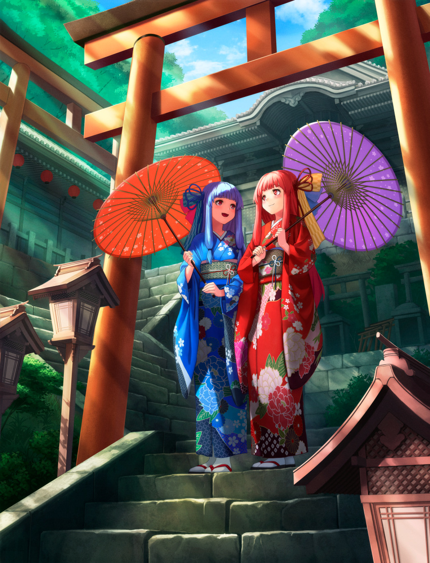 2girls architecture bangs blue_hair blue_kimono blue_ribbon blunt_bangs commentary day east_asian_architecture floral_print full_body hair_ribbon highres holding holding_umbrella japanese_clothes kimono kotonoha_akane kotonoha_aoi kurione_(zassou) lantern long_hair multiple_girls multiple_torii obi oil-paper_umbrella open_mouth pink_eyes pink_hair purple_umbrella red_kimono red_ribbon red_umbrella ribbon sash siblings sisters smile stairs standing sunlight tabi temple torii tree umbrella voiceroid