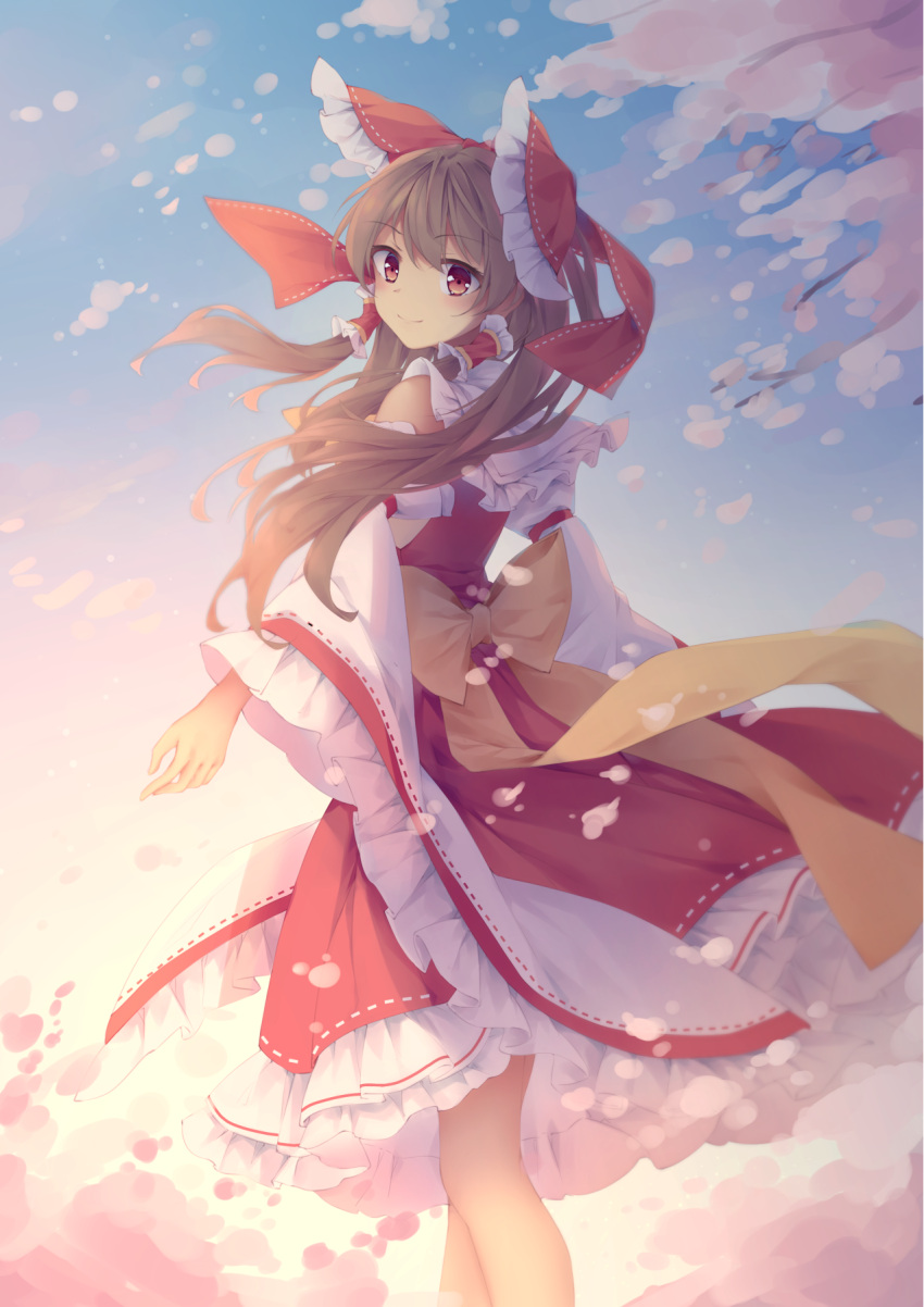 1girl bow brown_eyes brown_hair cherry_blossoms commentary_request detached_sleeves feet_out_of_frame from_side gradient_sky hair_blowing hair_bow hair_tubes hakurei_reimu highres long_hair looking_at_viewer looking_back mechrailgun outdoors ponytail red_skirt red_vest sash sidelocks skirt sky smile solo standing touhou tree_branch twilight very_long_hair vest wind wind_lift
