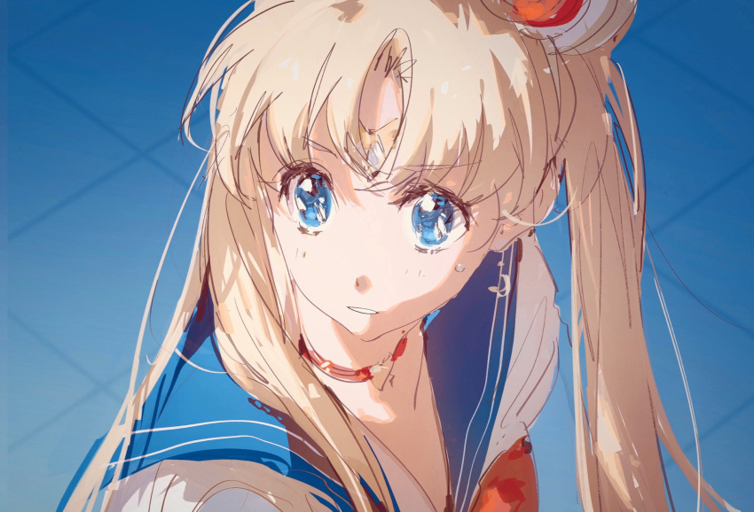 1girl bangs bishoujo_senshi_sailor_moon blonde_hair blue_eyes blue_sailor_collar choker derivative_work diadem earrings hair_over_shoulder heart heart_choker highres jewelry long_hair looking_at_viewer parted_bangs red_choker sailor_collar sailor_moon sailor_moon_redraw_challenge sailor_senshi_uniform screencap_redraw sheya_tin solo tsukino_usagi twintails