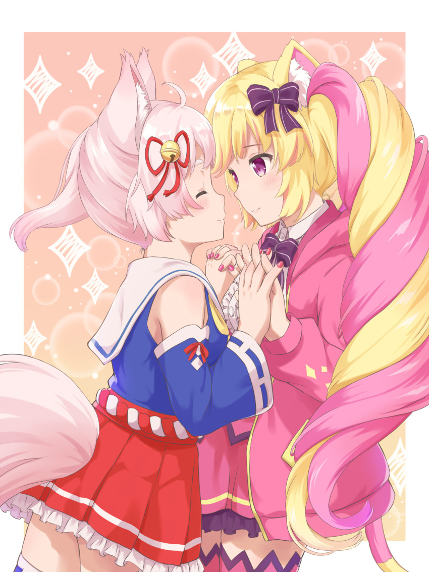 2girls ahoge animal_ears bell blonde_hair blush border breasts cat_ears closed_eyes closed_mouth eyebrows_visible_through_hair fox_ears fox_girl fox_tail hair_bell hair_ornament highres howan_(show_by_rock!!) interlocked_fingers long_hair looking_at_another machikado mashima_himeko_(show_by_rock!!) multicolored_hair multiple_girls pink_hair show_by_rock!! simple_background small_breasts smile tail thigh-highs twintails violet_eyes white_border yuri