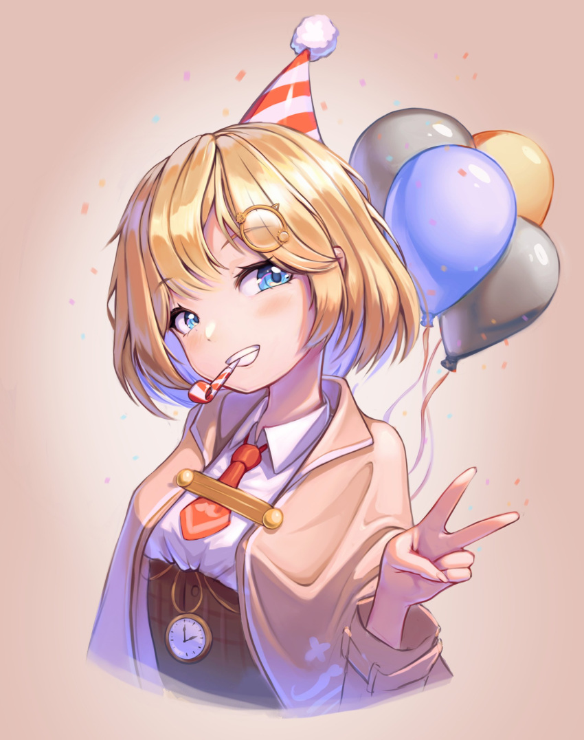 1girl absurdres balloon bangs blue_eyes blush breasts capelet collared_shirt confetti cropped_torso eyebrows_visible_through_hair hair_ornament happy_birthday hat high-waist_skirt highres hololive hololive_english medium_breasts medium_hair monocle_hair_ornament party_hat party_horn peaceablecolt shirt shirt_tucked_in skirt smile solo v virtual_youtuber watson_amelia