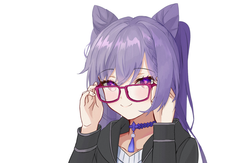 1girl animal_ears braid genshin_impact glasses hands_up highres keqing_(genshin_impact) long_hair long_sleeves looking_at_viewer mengfeng2575_(moekaze) purple_hair simple_background smile solo twintails upper_body violet_eyes white_background