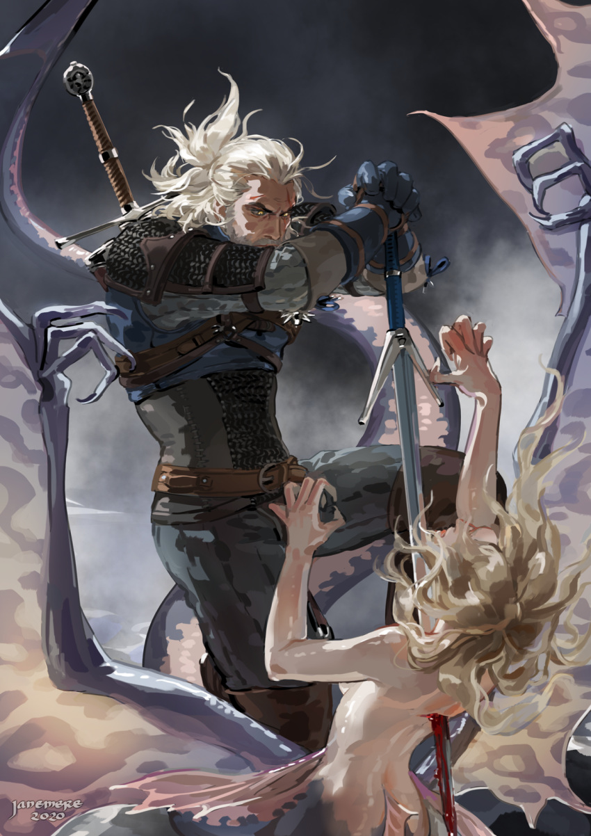 1boy 1girl armor belt blonde_hair blood bloody_weapon blue_gloves boots brown_belt brown_legwear dated facial_hair fingernails geralt_of_rivia gloves hand_on_hilt highres holding holding_sword holding_weapon impaled jane_mere medium_hair monster_girl pauldrons scar scar_on_face sharp_fingernails shoulder_armor signature slit_pupils stab sword the_witcher weapon weapon_on_back white_hair wings yellow_eyes