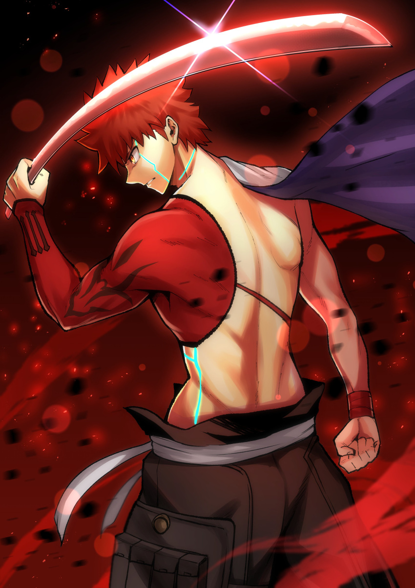 1boy absurdres back cape clenched_hand clenched_teeth emiya_shirou fate/grand_order fate_(series) fighting_stance glglpanda glint highres holding holding_sword holding_weapon igote katana limited/zero_over male_focus orange_eyes redhead sengo_muramasa_(fate) shirtless solo sword teeth upper_body weapon white_cape wristband