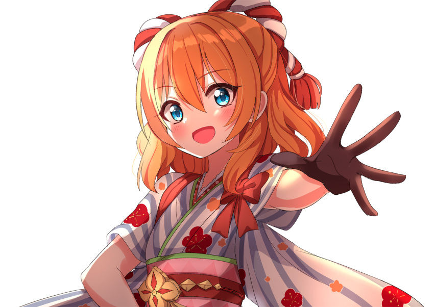 1girl :d ame. bangs black_gloves blue_eyes blush bow character_request commentary_request eyebrows_visible_through_hair gloves hair_between_eyes japanese_clothes kimono long_hair muimi obi open_mouth orange_hair outstretched_arm princess_connect! princess_connect!_re:dive red_bow sash short_sleeves simple_background smile solo striped tasuki upper_body vertical-striped_kimono vertical_stripes white_background wide_sleeves