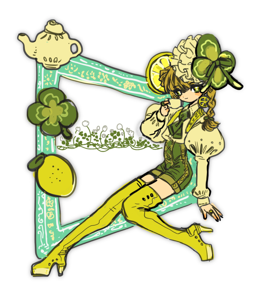 1other androgynous blonde_hair boots braid bright_pupils closed_mouth clover clover_hair_ornament cup food four-leaf_clover four-leaf_clover_hair_ornament fruit green_eyes green_shorts green_theme hair_ornament high_heel_boots high_heels highres holding holding_cup jewelry juliet_sleeves lemon lemon_slice long_sleeves looking_at_viewer original puffy_sleeves ring shima_(wansyon144) shorts sitting smile solo teacup thigh-highs thigh_boots