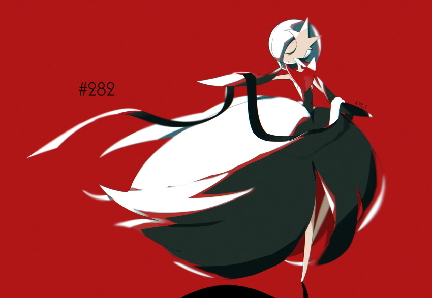 1girl absurdres alternate_color arm_up artist_name bangs black_dress black_gloves black_ribbon blue_hair bob_cut chromatic_aberration closed_eyes closed_mouth colored_skin commentary_request dress elbow_gloves full_body gardevoir gen_3_pokemon gloves hair_over_one_eye happy highres iogi_(iogi_k) leg_up mega_gardevoir mega_pokemon number outstretched_arm pokedex_number pokemon pokemon_(creature) red_background ribbon shiny_pokemon short_hair simple_background smile solo standing standing_on_one_leg twitter_username watermark white_skin