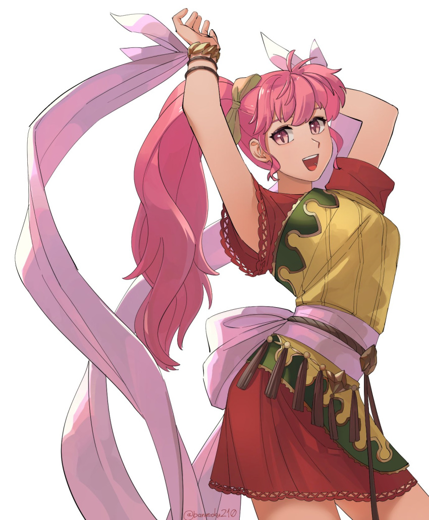 1girl a_(user_vtsy8742) arms_up dancer dancing dress fire_emblem fire_emblem:_mystery_of_the_emblem hair_ribbon highres jewelry long_hair phina_(fire_emblem) pink_eyes pink_hair ponytail ribbon smile solo