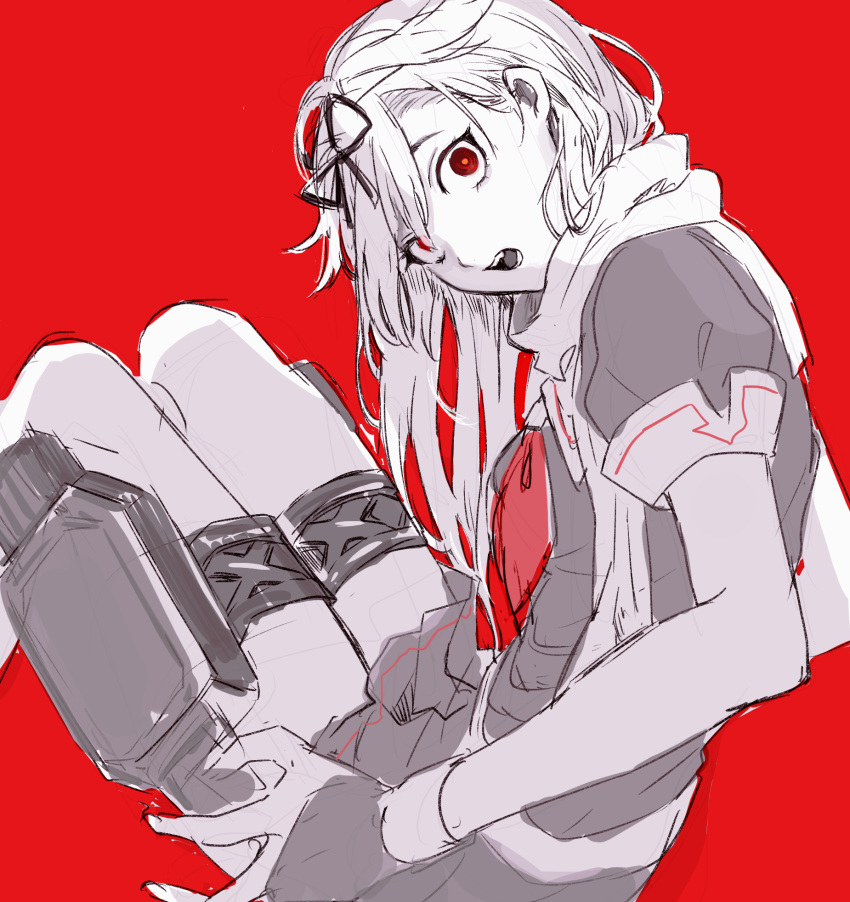 1girl bangs fingerless_gloves gloves hagioshi hair_flaps hair_ribbon highres kantai_collection long_hair looking_at_viewer neckerchief open_mouth red_background red_eyes remodel_(kantai_collection) ribbon rigging sailor_collar scarf school_uniform serafuku short_sleeves simple_background sitting sketch skirt solo
