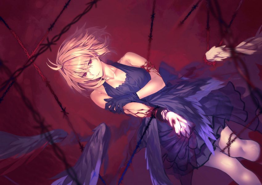 1girl absurdres alternate_costume antenna_hair arcueid_brunestud barbed_wire blonde_hair blood bound bound_wrists breasts closed_mouth dress eyebrows_visible_through_hair feathered_wings feet_out_of_frame frilled_dress frills frown gloves highres hiro_(hirohiro_gorira) huge_filesize looking_at_viewer medium_breasts purple_dress purple_gloves red_background red_eyes short_hair sleeveless sleeveless_dress solo tsukihime tsurime wings