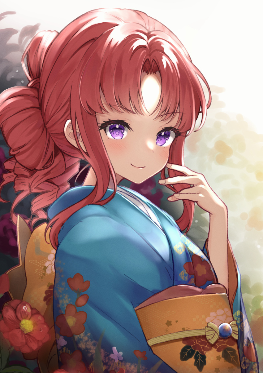 1girl absurdres akino_(princess_connect!) bangs blue_kimono brown_hair closed_mouth commentary_request eyebrows_visible_through_hair floral_print flower furisode hair_bun hand_up highres japanese_clothes kimono kodama_(koda_mat) long_sleeves looking_at_viewer looking_to_the_side obi parted_bangs princess_connect! princess_connect!_re:dive print_kimono red_flower ringlets sash smile solo upper_body violet_eyes wide_sleeves
