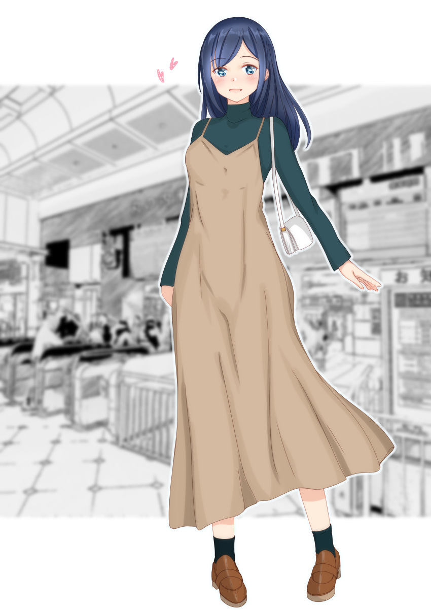1girl absurdres alternate_hairstyle bag beige_dress blue_eyes blue_hair commentary_request full_body green_sweater hair_down highres kantai_collection long_hair looking_at_viewer nitamago_(sakamalh) official_alternate_costume solo souryuu_(kantai_collection) sweater turtleneck
