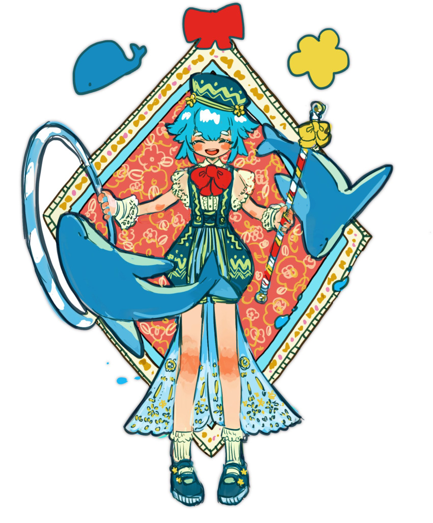 1other :d blue_footwear blue_hair blue_headwear blue_shorts blush bow bowtie cane dolphin facing_viewer hat highres holding open_mouth original pigeon-toed red_bow red_neckwear shima_(wansyon144) shoes short_hair shorts smile solo suspender_shorts suspenders waist_cape