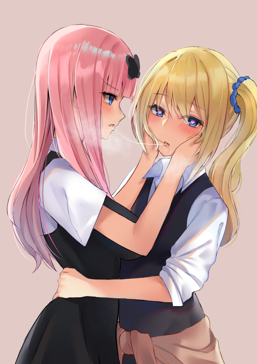2girls :d absurdres after_kiss bangs blonde_hair blue_eyes blue_scrunchie blush bow breasts clothes_around_waist collared_shirt commentary_request eyebrows_visible_through_hair from_side fujiwara_chika hair_ornament hair_scrunchie hands_on_another's_cheeks hands_on_another's_face hayasaka_ai heart heart-shaped_pupils highres hug kaguya-sama_wa_kokurasetai_~tensai-tachi_no_renai_zunousen~ large_breasts long_hair long_sleeves looking_at_viewer multiple_girls one_side_up open_mouth pink_hair poisonousgas profile saliva school_uniform scrunchie shirt shuuchiin_academy_uniform side_ponytail sidelocks simple_background skirt smile summer_uniform sweater sweater_around_waist symbol-shaped_pupils vest white_shirt yuri