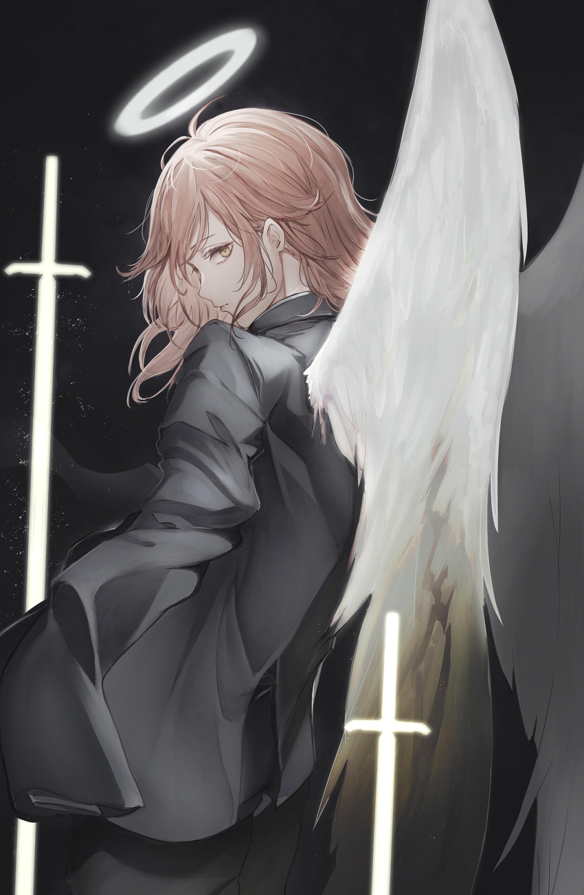 1girl angel_devil_(chainsaw_man) bangs black_jacket black_pants brown_eyes brown_hair chainsaw_man closed_mouth commentary_request feathered_wings from_behind glowing halo highres jacket long_sleeves looking_at_viewer looking_back marumoru pants sleeves_past_fingers sleeves_past_wrists solo white_wings wings