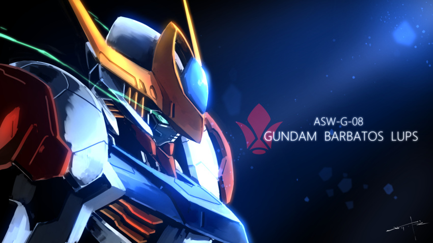 aqua_eyes black_background character_name glowing glowing_eye gundam gundam_barbatos gundam_barbatos_lupus gundam_tekketsu_no_orphans looking_down mecha no_humans science_fiction serike_w solo upper_body v-fin