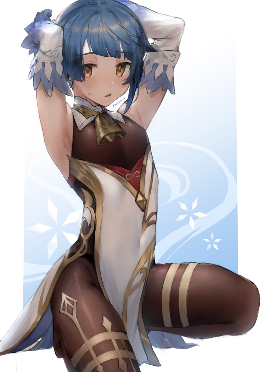 1boy 4545-tarou absurdres armpits arms_up bangs black_legwear blue_hair blunt_bangs blush cosplay crossdressinging detached_sleeves full_body ganyu_(genshin_impact) ganyu_(genshin_impact)_(cosplay) genshin_impact highres leotard_under_clothes looking_at_viewer otoko_no_ko pantyhose parted_lips pelvic_curtain sleeveless squatting sweatdrop thighs xingqiu_(genshin_impact) yellow_eyes