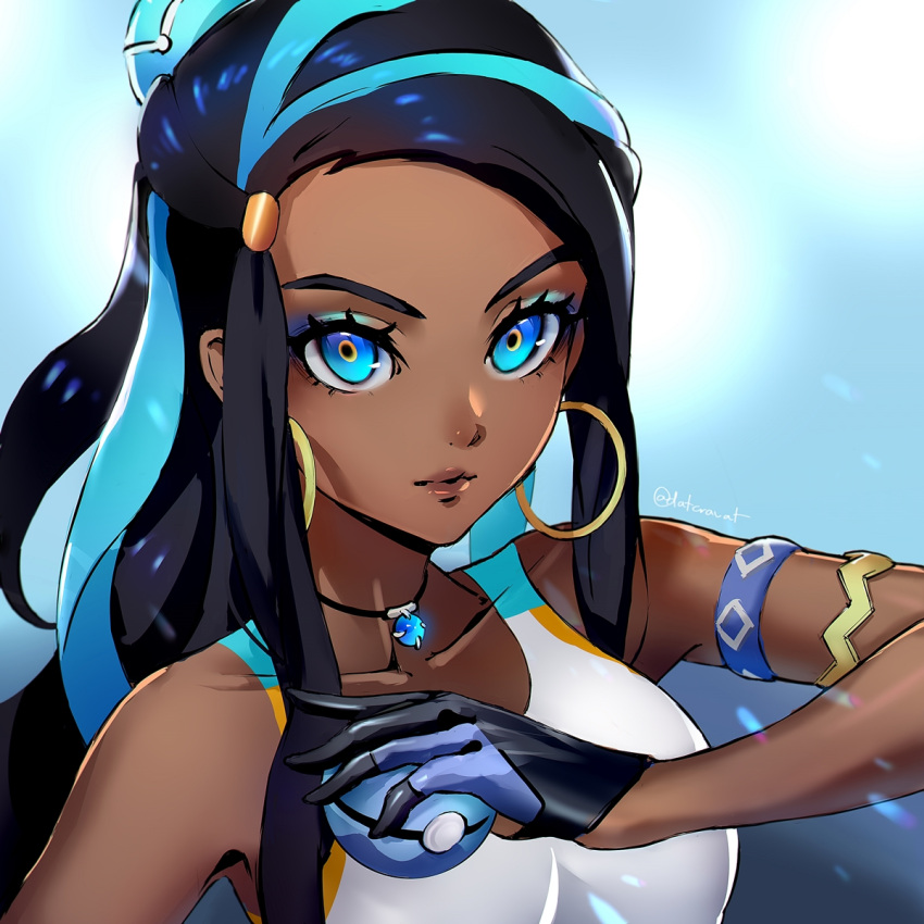 1girl armlet artist_name black_hair blue_eyes blue_hair collarbone commentary dark_skin dark-skinned_female datcravat dive_ball earrings gloves green_eyeshadow gym_leader hair_bun hand_up highres holding holding_poke_ball hoop_earrings jewelry long_hair makeup multicolored_hair necklace nessa_(pokemon) poke_ball pokemon pokemon_(game) pokemon_swsh solo two-tone_hair