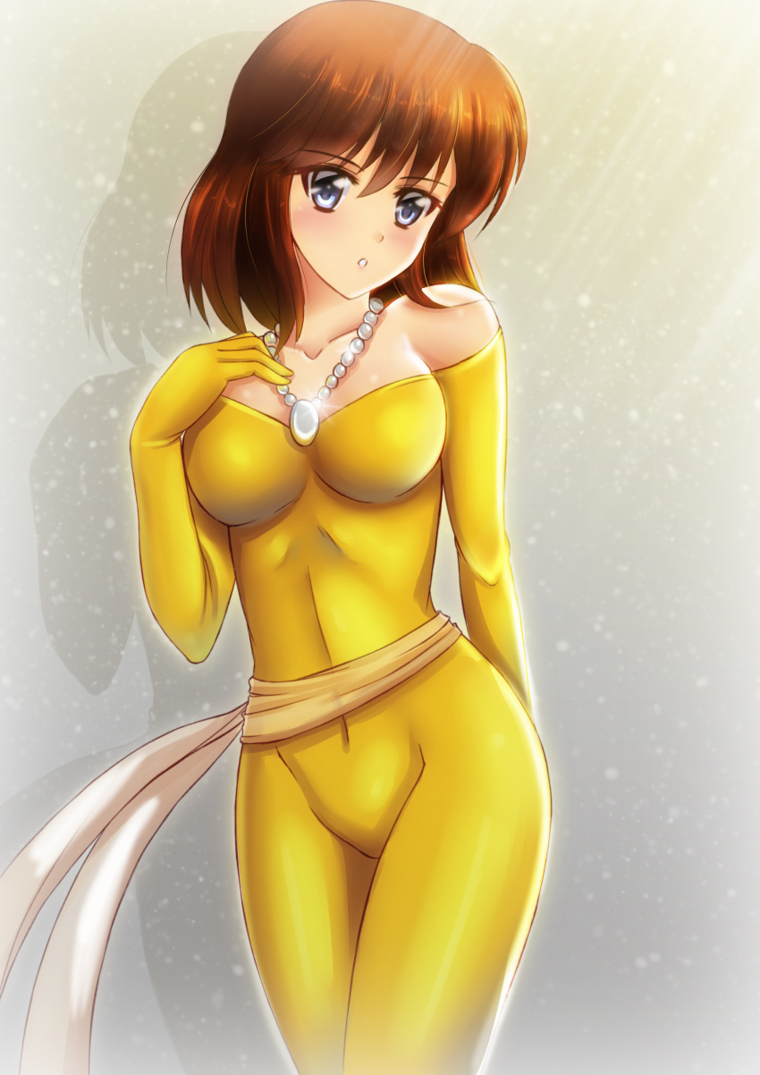 1girl absurdres bangs bare_shoulders blue_eyes blush bodysuit breasts brown_hair castle_of_cagliostro clarisse_de_cagliostro collarbone covered_navel cowboy_shot eyebrows_visible_through_hair grey_background hair_between_eyes highres jewelry long_hair medium_breasts necklace off_shoulder open_mouth sawwei005 shiny shiny_hair skin_tight solo standing yellow_bodysuit