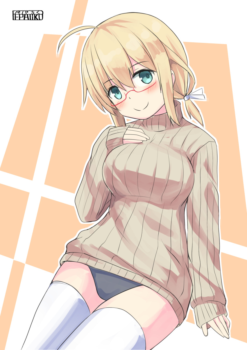 ahoge artist_logo artist_name blonde_hair blue_eyes blush breasts brown_sweater glasses hand_on_own_chest highres i-8_(kantai_collection) kantai_collection large_breasts long_sleeves looking_at_viewer low_twintails one-piece_swimsuit pepatiku red-framed_eyewear ribbed_sweater scarf school_swimsuit semi-rimless_eyewear sitting sweater swimsuit swimsuit_under_clothes thigh-highs torn_scarf twintails under-rim_eyewear white_legwear