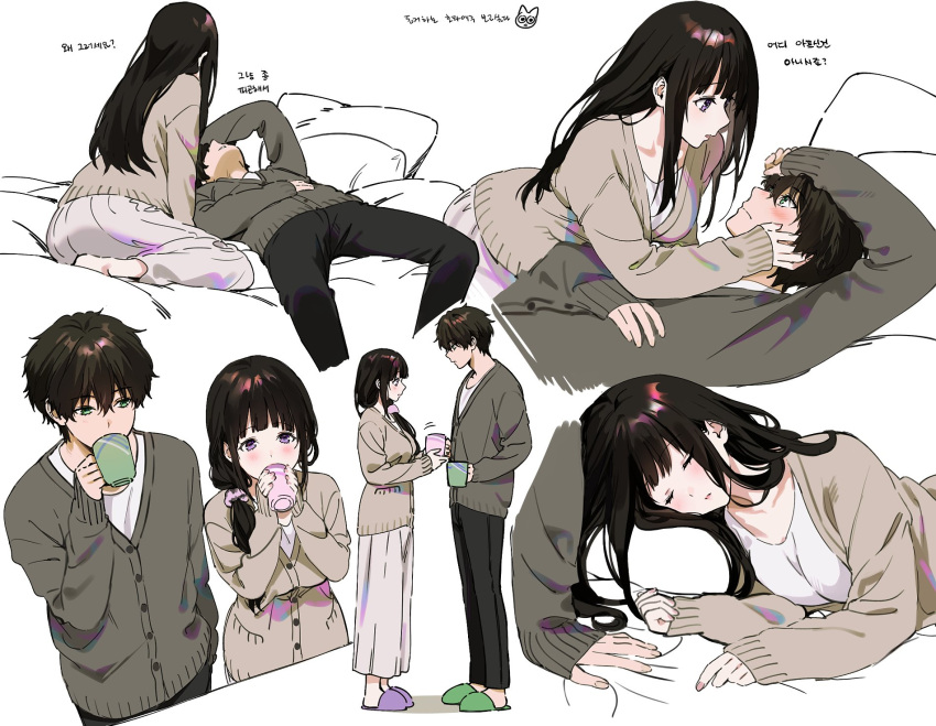 1boy 1girl alternate_costume artist_logo bangs black_hair black_pants blush breasts chitanda_eru closed_eyes collarbone cup drinking from_side full_body green_eyes hand_on_another's_cheek hand_on_another's_face height_difference highres holding holding_cup hyouka large_breasts long_hair long_sleeves looking_at_another lying medium_breasts mery_(yangmalgage) mug multiple_views on_back on_bed oreki_houtarou pants pillow shiny shiny_hair short_hair sitting sleeves_past_wrists sweater translation_request violet_eyes white_background yokozuwari
