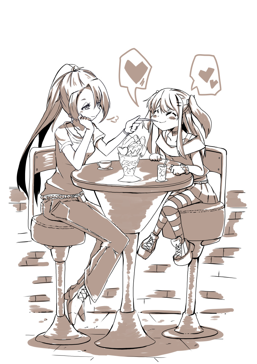 2girls ^_^ absurdres age_difference blush closed_eyes eating elbows_on_table feeding food heart highres ice_cream jin_taira long_hair miniskirt monochrome multiple_girls original pants ponytail sitting skirt striped striped_legwear two_side_up utensil_in_mouth yuri