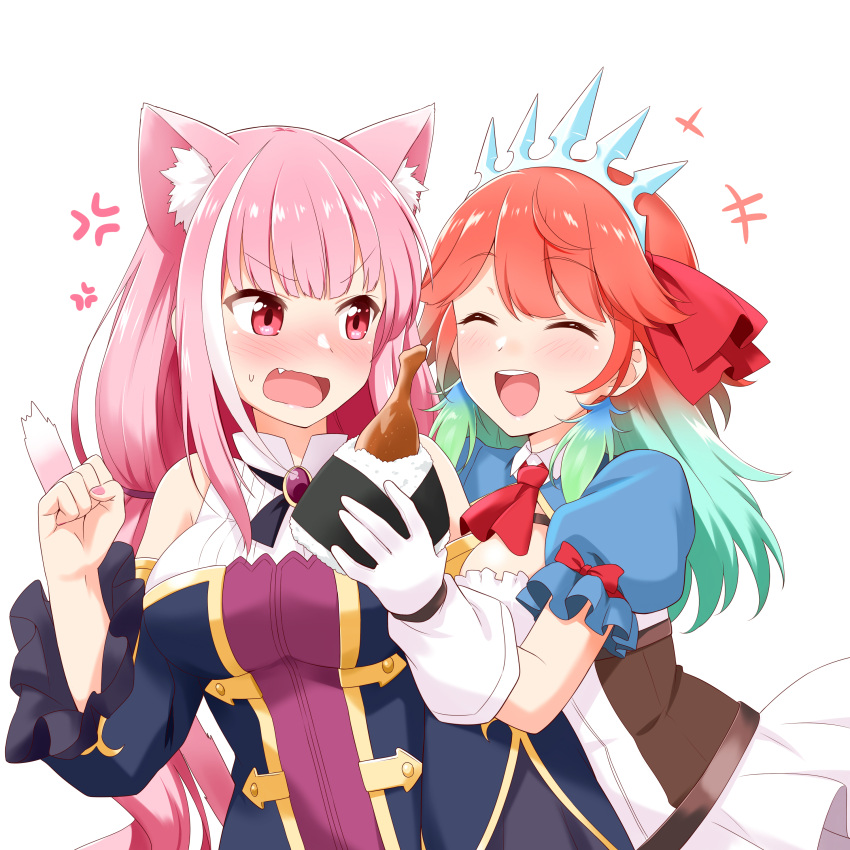 2girls :d absurdres anger_vein animal_ear_fluff animal_ears ascot bangs bare_shoulders blunt_bangs blush breasts cat_ears cat_girl cat_tail chicken_(food) closed_eyes commentary cosplay eyebrows_visible_through_hair fang felutiahime food gem gloves green_hair hair_ornament hair_ribbon hand_up highres holding holding_food hololive karyl_(princess_connect!) karyl_(princess_connect!)_(cosplay) large_breasts long_hair long_sleeves looking_at_another mori_calliope multicolored_hair multiple_girls open_mouth pecorine_(princess_connect!) pecorine_(princess_connect!)_(cosplay) pink_eyes pink_hair pink_nails princess_connect! princess_connect!_re:dive puffy_short_sleeves puffy_sleeves ribbon shirt short_sleeves simple_background skirt smile streaked_hair tail takanashi_kiara tiara upper_body virtual_youtuber white_background white_gloves white_hair white_shirt wide_sleeves