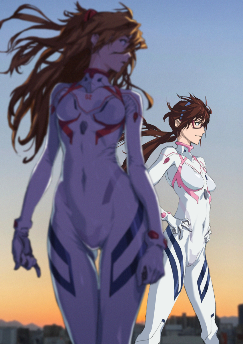 2girls arms_at_sides bangs blue_eyes blurry bodysuit breasts brown_hair covered_navel depth_of_field evangelion:_3.0+1.0_thrice_upon_a_time floating_hair glasses gloves hands_on_hips headgear highres interface_headset kiyohisa long_hair looking_to_the_side makinami_mari_illustrious multiple_girls neon_genesis_evangelion open_mouth outdoors plugsuit rebuild_of_evangelion shikinami_asuka_langley skin_tight souryuu_asuka_langley standing white_bodysuit wind