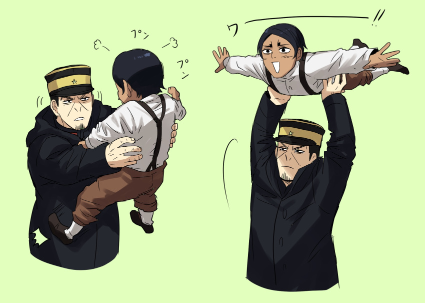 2boys black_eyes black_hair blue_jacket buzz_cut carrying collared_jacket cropped_torso facial_hair golden_kamuy hat highres imperial_japanese_army jacket kepi koito_otonoshin male_focus menma_kozo military military_hat military_uniform multiple_boys short_hair simple_background smile stubble suspenders tsukishima_hajime uniform very_short_hair younger