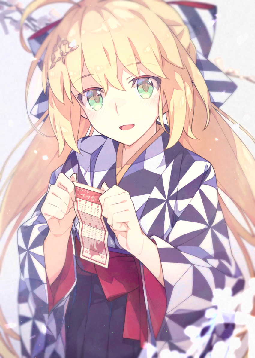 1girl ahoge artoria_pendragon_(all) artoria_pendragon_(caster) bangs blonde_hair blue_kimono blush breasts fate/grand_order fate_(series) green_eyes hair_ornament hakama highres japanese_clothes kimono long_hair long_sleeves looking_at_viewer open_mouth saipaco sash small_breasts smile twintails wide_sleeves